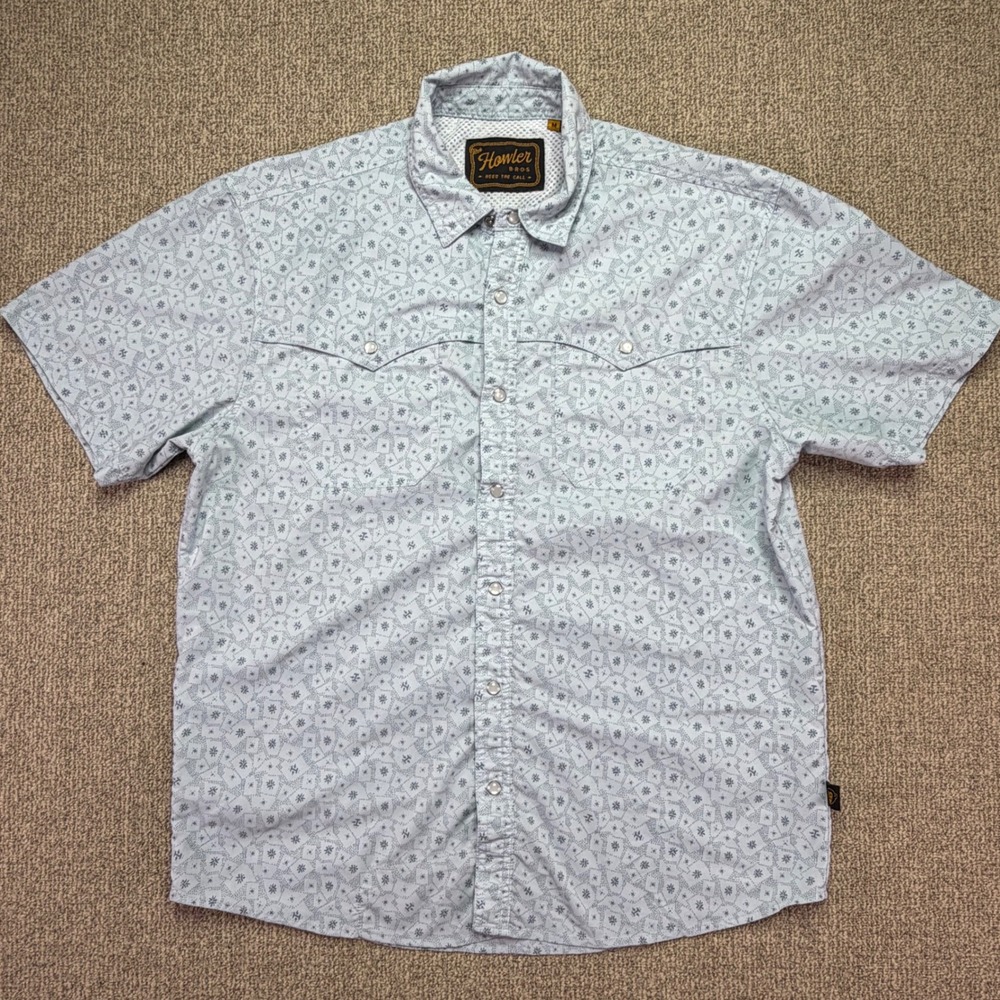 Howler Bros Mens Medium Blue Geometric Short Sleeve Western Snap Shirt NWOT